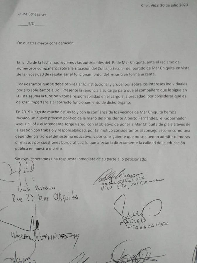 Mar Chiquita: el PJ local, concejales y consejeros piden la renuncia de la consejera escolar Laura Etchegaray por «no trabajar»