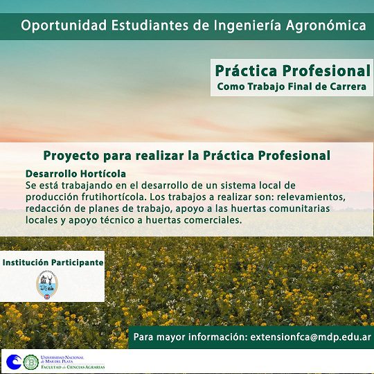 La Facultad de Ciencias Agrarias de Balcarce está buscando estudiantes del último año de Ingeniería Agronómica para práctica profesional