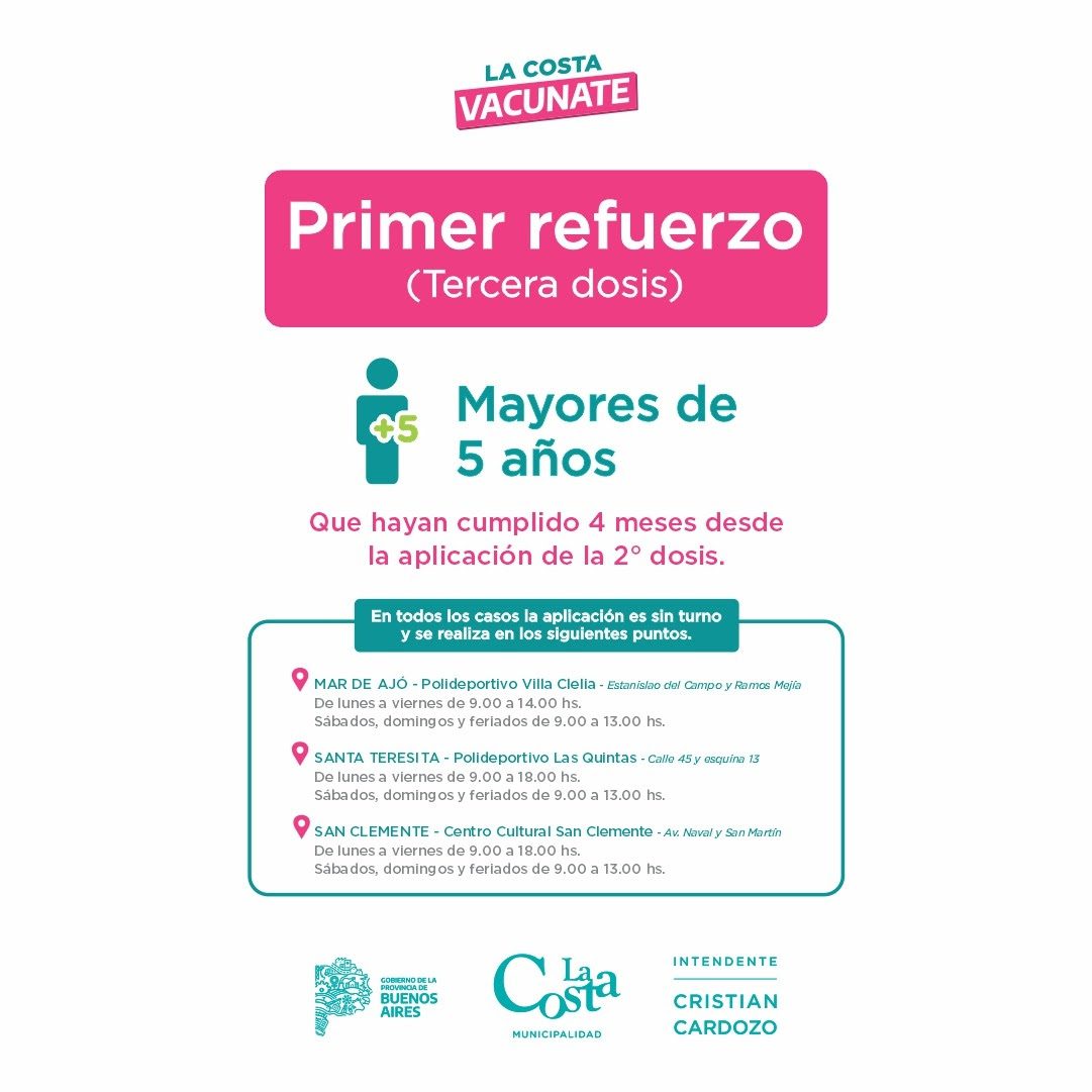 Está disponible la tercera dosis para niños y niñas a partir de los 5 años en los tres Centros de Vacunación del Partido de La Costa